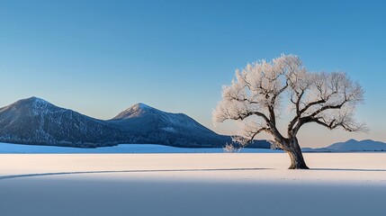 Frosty tree on snowy landscape with mountains.