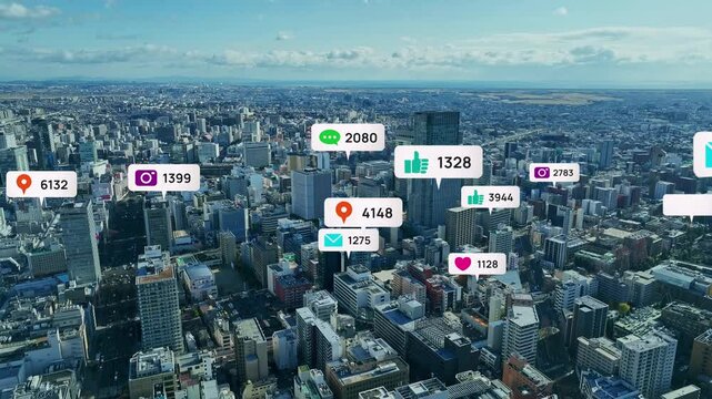 sns, word of mouth, review, social media, app, notification, like, drone, aerial view, speech bubble, city, society, future, message, comment, email, marketing, influencer, follower, following, gps, m