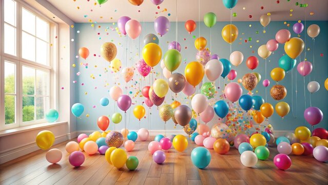 A room filled with colorful balloons and confetti, celebrating joy and festivity