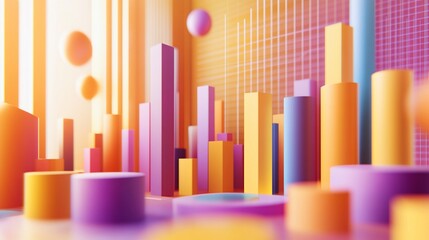 Abstract 3D render of colorful geometric shapes forming a city-like landscape.