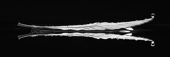 Abstract grayscale image of a leaf's reflection in water, creating a symmetrical, almost mirrored effect.