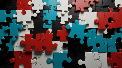 An abstract background showcasing a fragmented puzzle, with irregularly shaped pieces in bold, contrasting colors like red, turquoise, and black