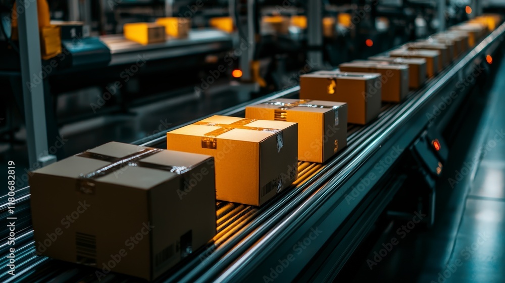 Poster automated package sorting futuristic conveyor belt system with cardboard boxes
