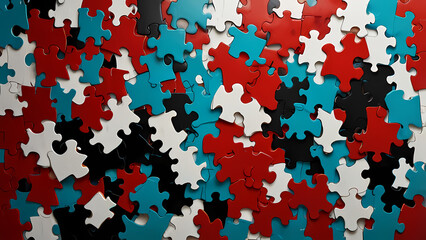 An abstract background showcasing a fragmented puzzle, with irregularly shaped pieces in bold, contrasting colors like red, turquoise, and black