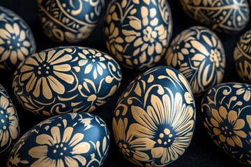 Close-up of beautifully hand-painted Easter eggs, with intricate details in navy blue and gold colors, featuring pastel pink floral designs in a vintage style.