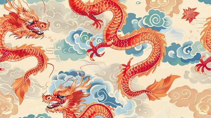 Obraz premium Chinese dragon seamless pattern wallpaper