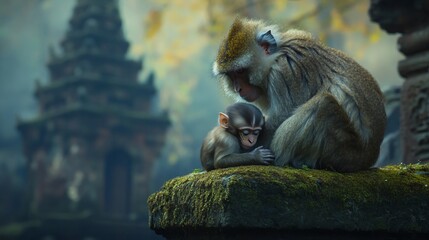 Obraz premium Mother monkey cradling her baby on mossy stone near ancient temple.