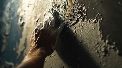 Fototapeta premium Close-up of hand applying plaster to wall.