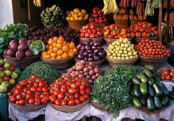 Vibrant Display of Fresh Vegetables and Fruits in Baskets at Local Market Showcasing a Rich Variety of Colorful Produce in a Bustling Atmosphere
