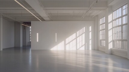 Sunlit empty modern loft space with high ceilings and large windows.