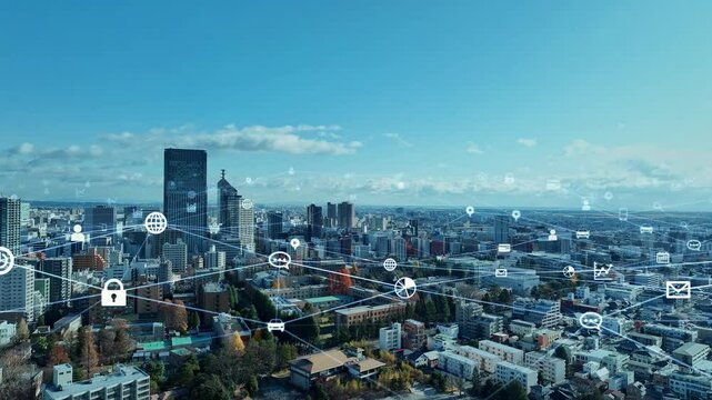 app, sns, network, social media, drone, aerial view, society, communication, technology, future, outlook, blue sky, horizon, panorama, buildings, system, security, blockchain, block chain, data, cloud