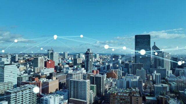 network, city, drone, aerial view, blue sky, outlook, future, society, technology, iot, ict, lpwa, radio wave, line, connection, wireless, radio, mesh, grid, plexus, access, blockchain, block chain, c