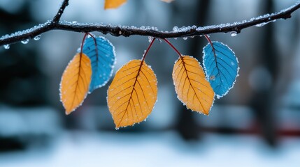 Colorful autumn leaves with blue and yellow hues covered in frost on a tree branch
