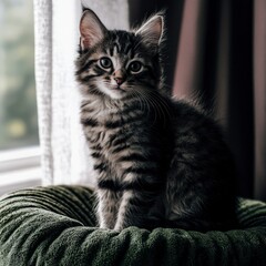 Obraz premium Adorable Gray Kitten Sitting on Green Cushion Fluffy Pet Cat
