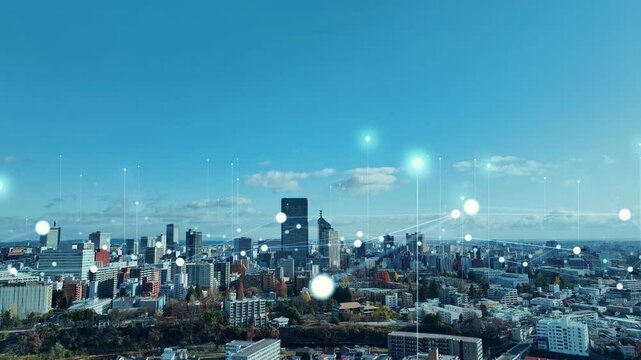 network, city, society, drone, aerial view, upload, growth, transmission, technology, development, future, blue sky, outlook, horizon, radio wave, line, system, bird eye view, copy space, update, upgr