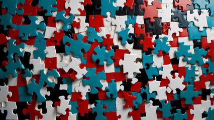 An abstract background showcasing a fragmented puzzle, with irregularly shaped pieces in bold, contrasting colors like red, turquoise, and black