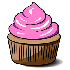 Colorful cartoon cupcake with pink frosting. Vector illustration of a cupcake with pink frosting in a brown wrapper. The design features bold lines, clean details, and bright colors
