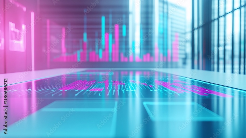 Poster futuristic digital interface on a table in a modern office with city view and data visualization.