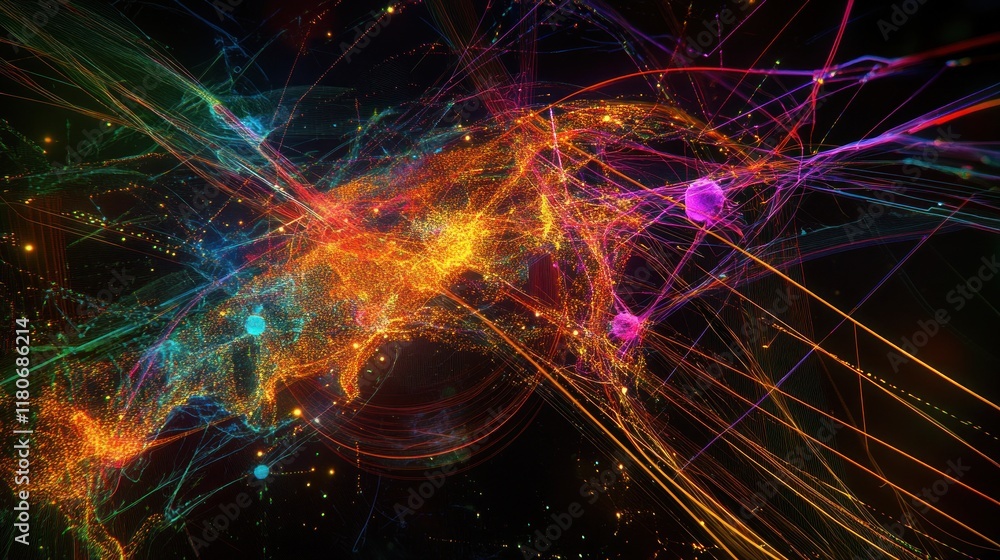 Poster abstract colorful energy flow with glowing particles.