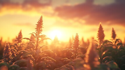 Sunset over a field of ornamental plants. Beautiful natural background.