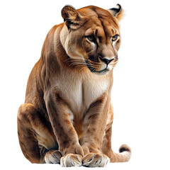 Obraz premium Majestic Mountain Lion Sitting Gracefully Against a Dramatic Black Backdrop Exuding Power and Elegance in Nature's Realm isolated on a white background