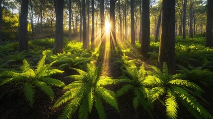 Sunbeams illuminate lush ferns in a tranquil forest.