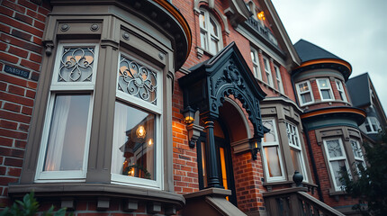 Obraz premium Exterior Detail of Victorian Brick House with Bay Windows