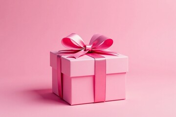 Fototapeta premium Colorful pink bow tied around a small gift box on a soft pink background, pink bow, bows