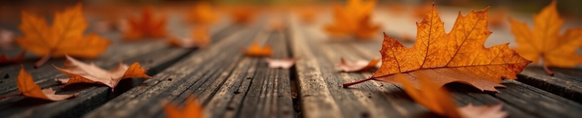 Delicate orange oak leaves scattered on a wooden table, macro, leaf, wood