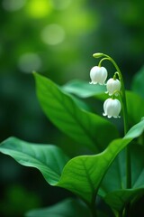 Obraz premium Delicate lily of the valley flowers in a tropical garden, leaves, plants, nature