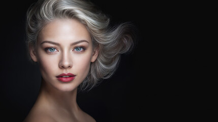 Fototapeta premium A beautiful mature model with flowing gray hair and a youthful complexion. Skin care and cosmetics. Bare shoulders. Black background with copy space.