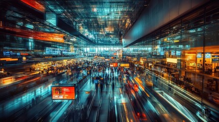 Blurry motion of crowds in a modern airport terminal.