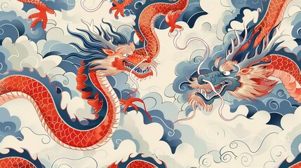 Obraz premium chinese dragon seamless pattern wallpaper