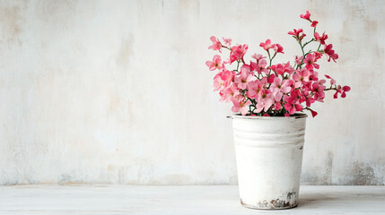 Spring flowers in white bucket on background old wall. 