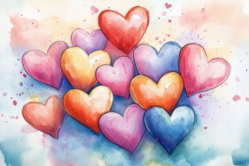 Fototapeta premium Colorful Heart Patterns in Hand-Painted Watercolor Style