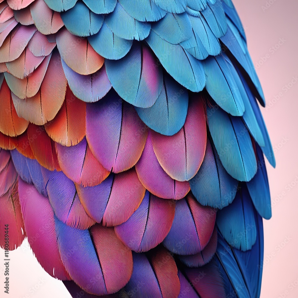 Poster a close-up of vibrant, multicolored feathers showcasing intricate textures and patterns.