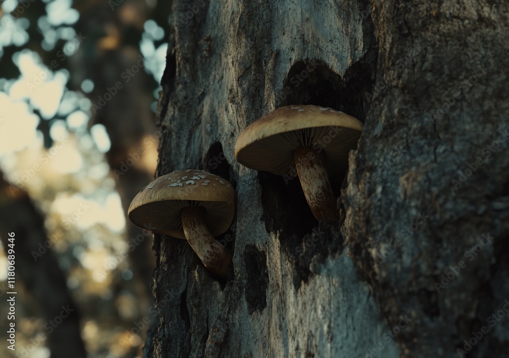 Poster two mushrooms growing from a tree trunk in a forest.