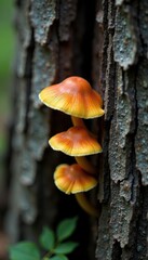 Fungi growing through the cracks in tree trunk, mushrooms, nature, crack fungus