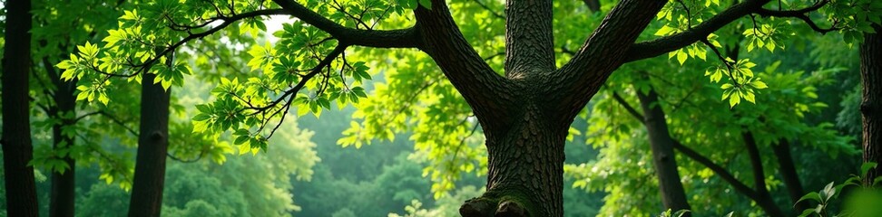 Fototapeta premium Full-grown Terminalia bellirica tree in forest, branches, leaves
