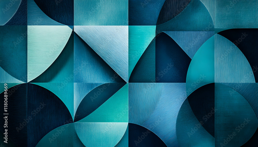 Poster abstract geometric teal and blue textured artwork. modern design featuring overlapping shapes and su