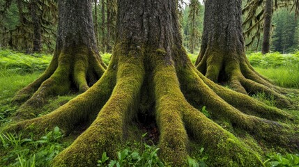 Obraz premium Moss-covered tree roots in a lush forest.