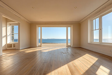 Fototapeta premium An empty beach house apartment with wooden floors and a sea view from windows