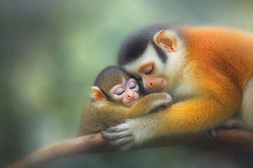 Obraz premium Adult and baby monkey cuddling on a branch.