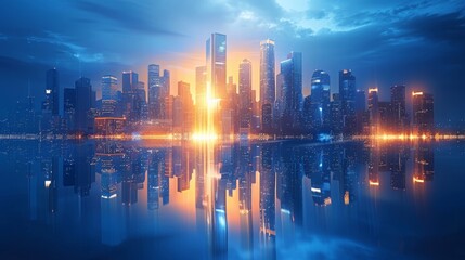Obraz premium Picture of modern skyscrapers of a smart city, futuristic financial district with buildings and reflections, blue color background for corporate and business template with warm sun rays of light