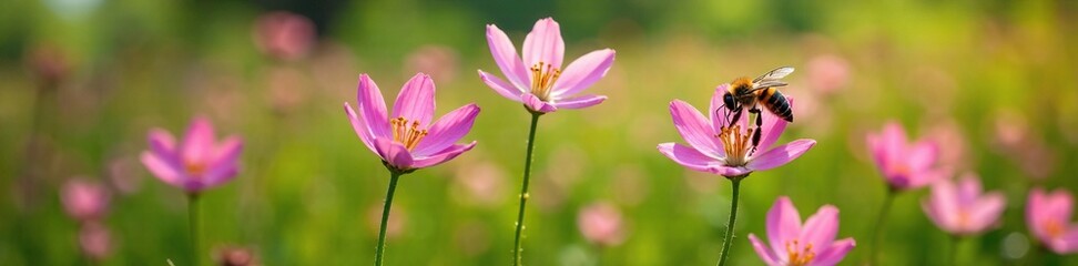 Fototapeta premium Native Camas flowers with Osmania lignaria collecting nectar, mason bee, insects, camas