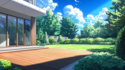 Obraz premium Sunny backyard with modern house, green lawn, and lush trees.