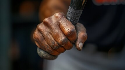 Close-up of a weathered hand gripping a wooden handle.