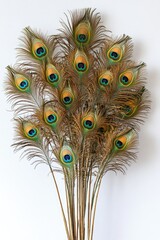 Obraz premium A bouquet of peacock feathers arranged artistically against a white background.