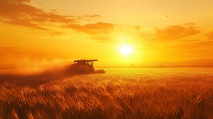 Obraz premium Tractor Harvesting Wheat in Golden Field at Sunset