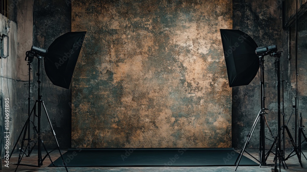 Poster studio setup with two lights and textured backdrop.